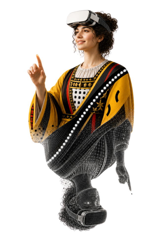 Visiteuse équipée d'un casque de réalité virtuelle, en costume traditionnel, avec effet de maillage numérique